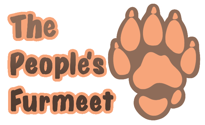 The People's Furmeet Logo A logo in brown and orange colours. To the left is the text 'The People's Furmeet'. To the right of the text is a large pastel orange pawprint, with a brown border.