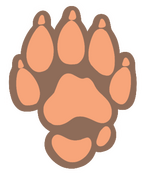 A large pastel orange pawprint, with a brown border.